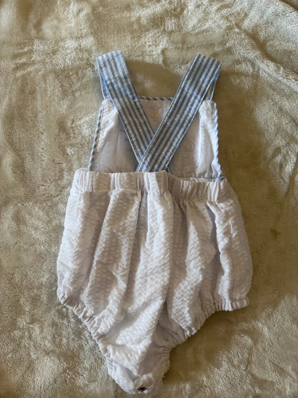 White Seersucker Baby Bib Romper with Blue Embroidered Sunshine